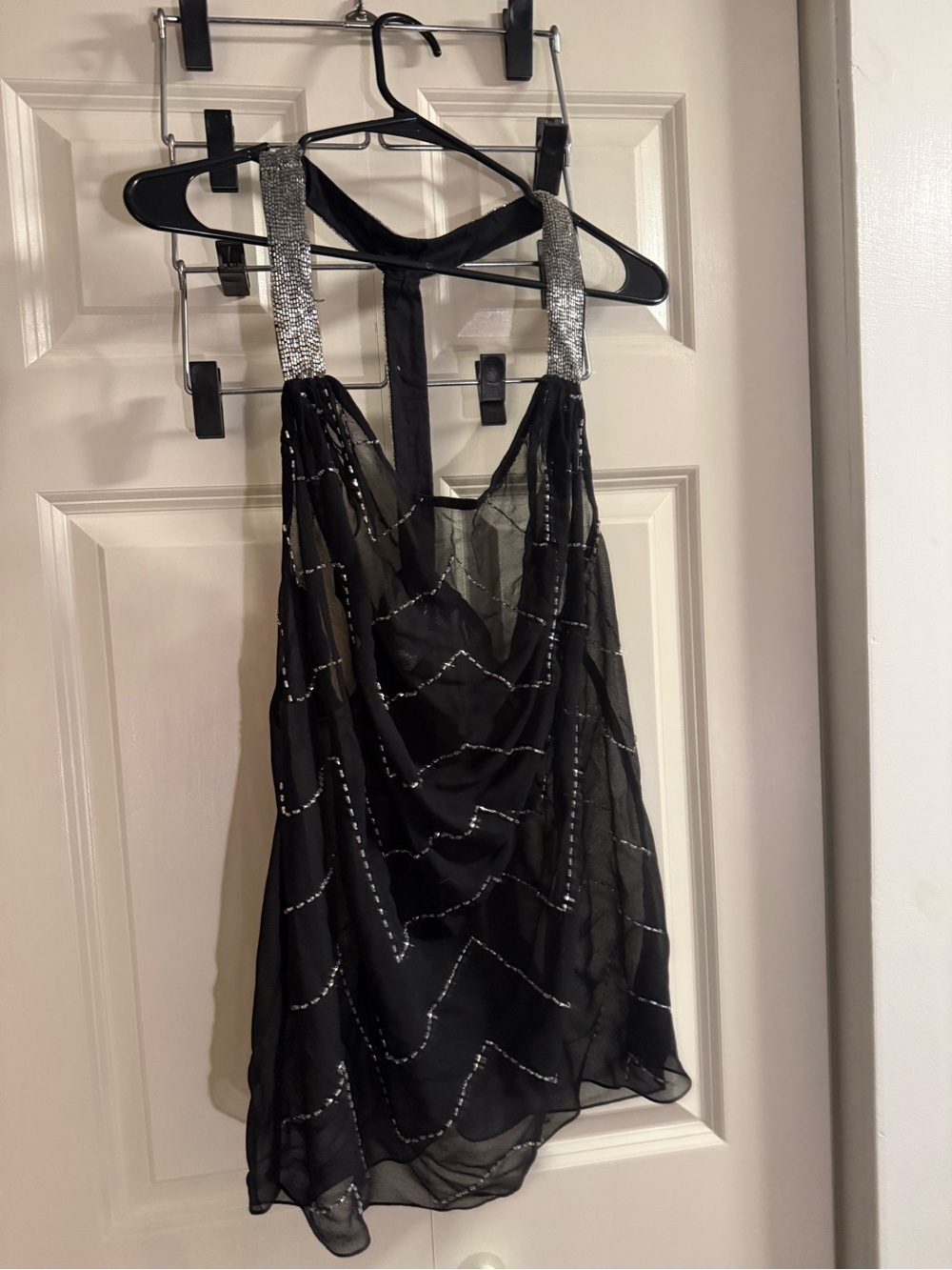 BKE Black Beaded Sheer Halter Top with Silver Straps